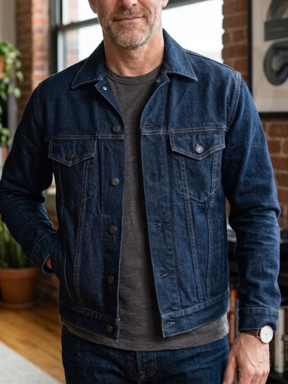 Men’s Classic Dark Wash Denim Trucker Jacket - Raw Dark Blue Jean Jacket Size M
